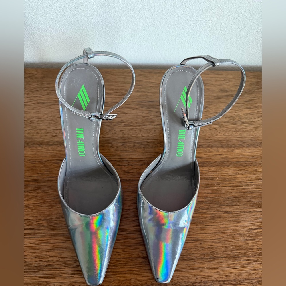 The Attico Iridescent Silver Holographic Pointed Ankle-Strap Pumps